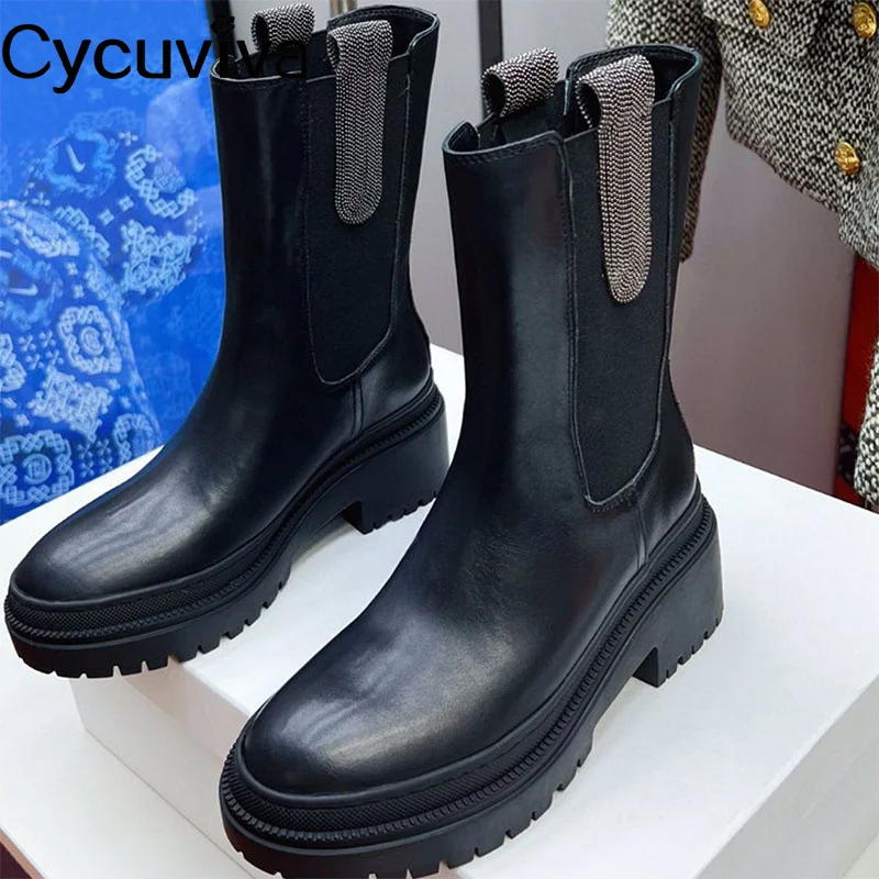 

Новые черные мотоциклетные ботинки из натуральной кожи, женские ботинки до середины икры на толстой подошве на платформе, повседневная обу...