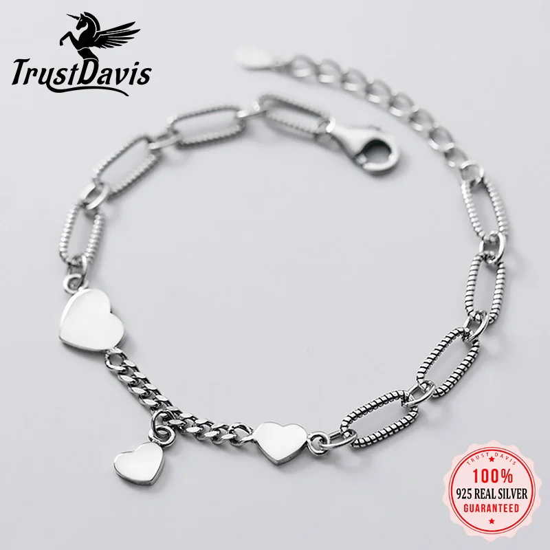 

TrustDavis Real 925 Sterling Thai Silver Sweet Romantic Love Heart Chain Bracelet For Women Wedding Party Fine Jewelry DA1857