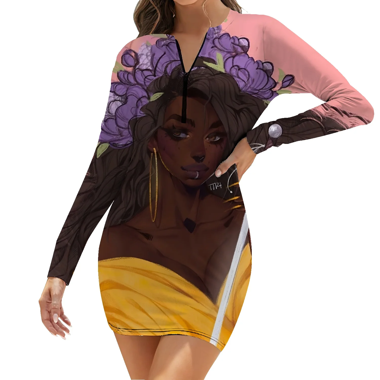 

Abstract hand painted oil painting head print long sleeve ladies short skirt summer new style zipper sexy nightclub style dress