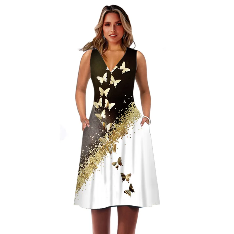 

Женское винтажное платье миди без рукавов, с принтом бабочек и V-образным вырезом
