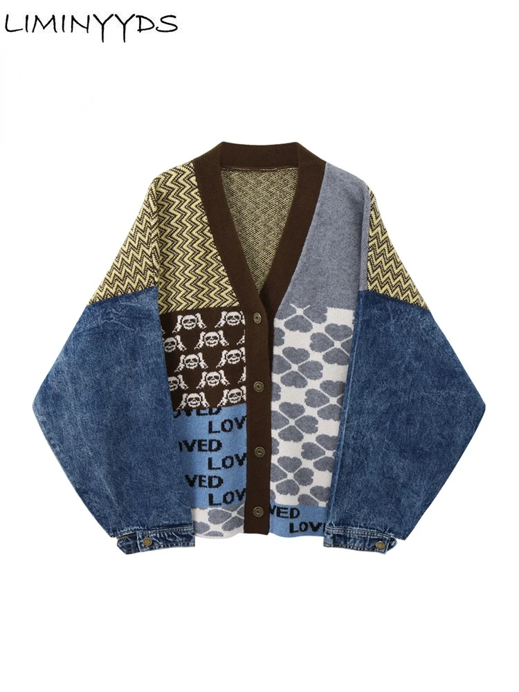

2022 Women Patchwork Denim Coat Vintage Knitted Cardigan Sweater V Neck Long Sleeve Knitwear Casual Loose Outwear Female Tops