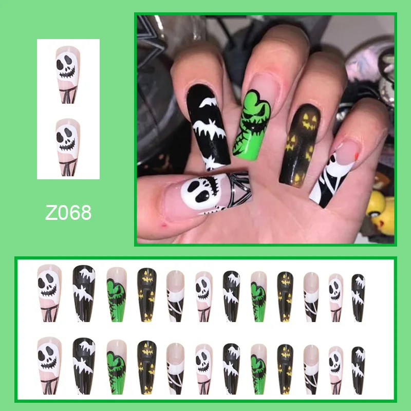 

24Pcs Halloween False Nails Full Cover French Long Fake Nails Coffin Ballet Press on Nail Black Pumpkin Design Manicure Tips