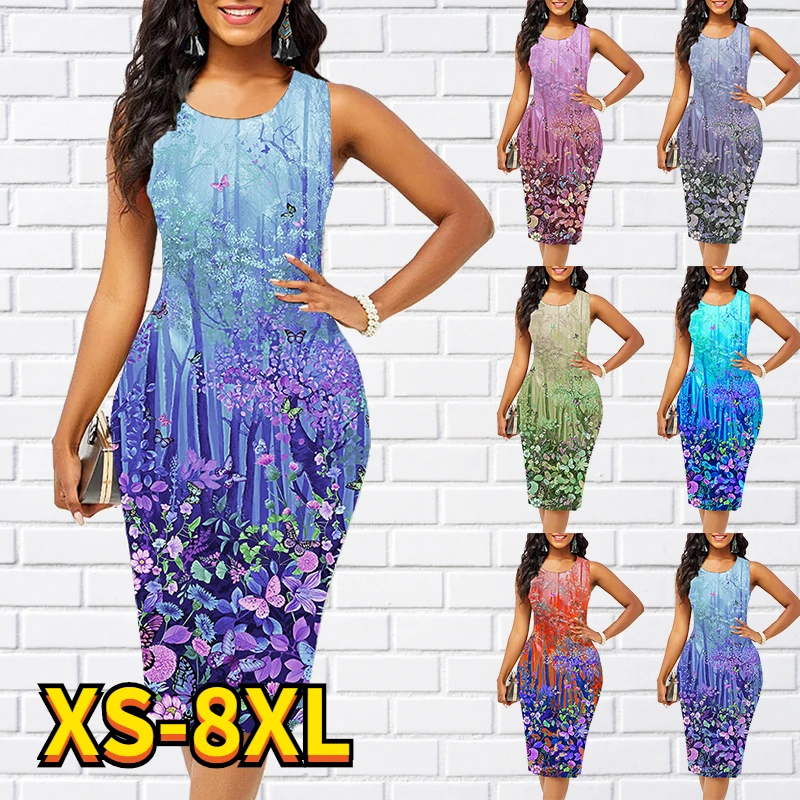 

2022 Women's Dress Knee Length Dress Green Fashion Sleeveless Floral Butterfly Plant Print Summer Round Neck Stylish Casual