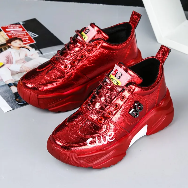 

Ladies Red Fashion Casual Shoes 2022 Spring New Ladies Thick Sole Sneakers Breathable Basketball Shoes Large Size Tennis Shoes