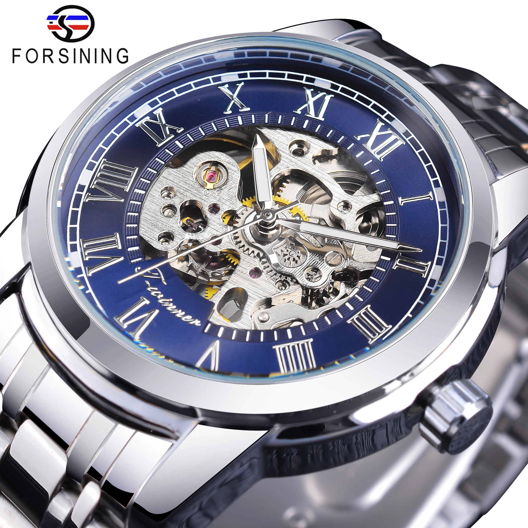 Forsining Fashion Blue Military Hollow Mechanical Stainless Steel Watch Luminous Sport Mens Skeleton Watches Montre Homme Clock