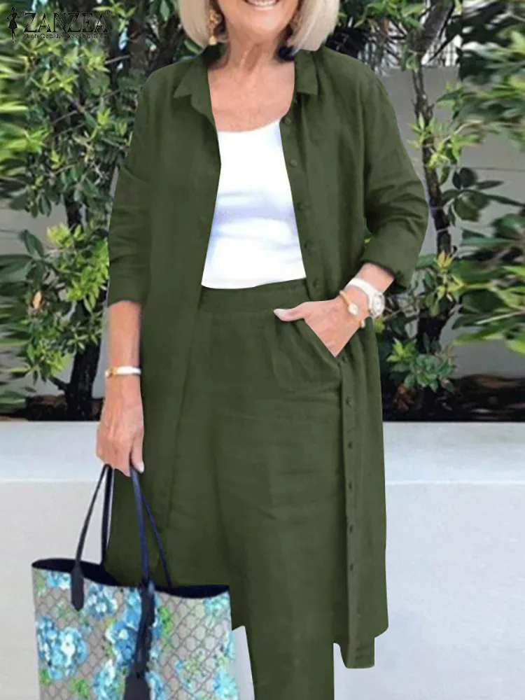 

ZANZEA Spring Matching Sets Long Sleeve Lapel Blouse Solid Pant 2PCS Fashion Casual Elegant Baggy Outfits Holiday Tracksuit 2023