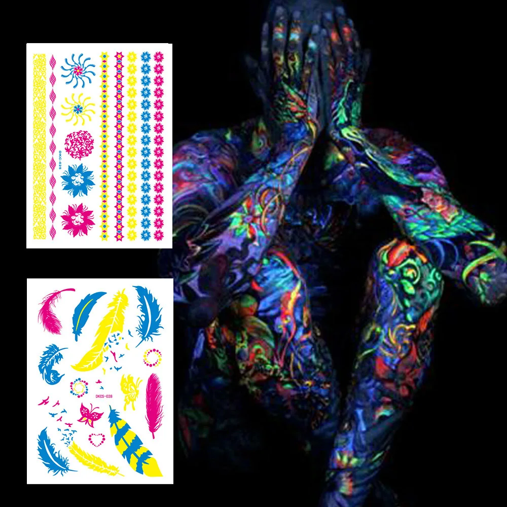 

3/Pcs Fluorescent Tattoo Stickers For Woman Man 2023 Body Temporary Tattoos Feather Fake Tattoos Young Girls Party Festival Cute