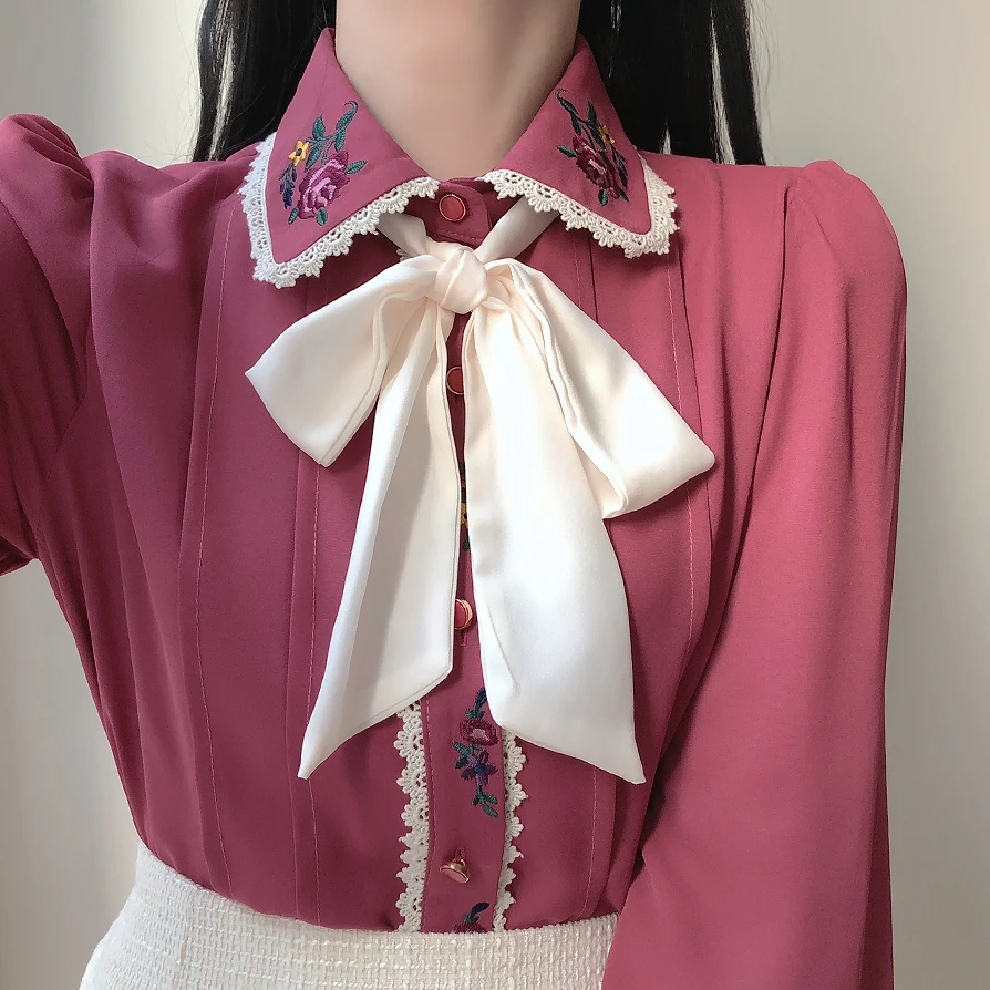 

Женская блузка с галстуком-бабочкой, винтажная элегантная официальная рубашка в японском и корейском стиле с пуговицами, 2023