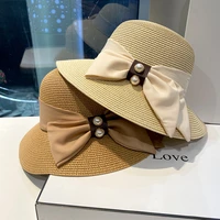 summer straw hats for women luxury pearls bow tie wide brim sun hat casual lady sunscreen beach cap uv protection panama