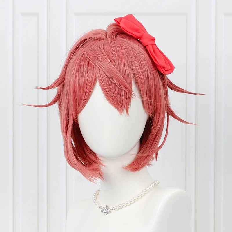 Фото Женский парик для косплея Doki Literature Club Sayori, розовые короткие термостойкие синтетические волосы, парик с шапочкой и бантом №3