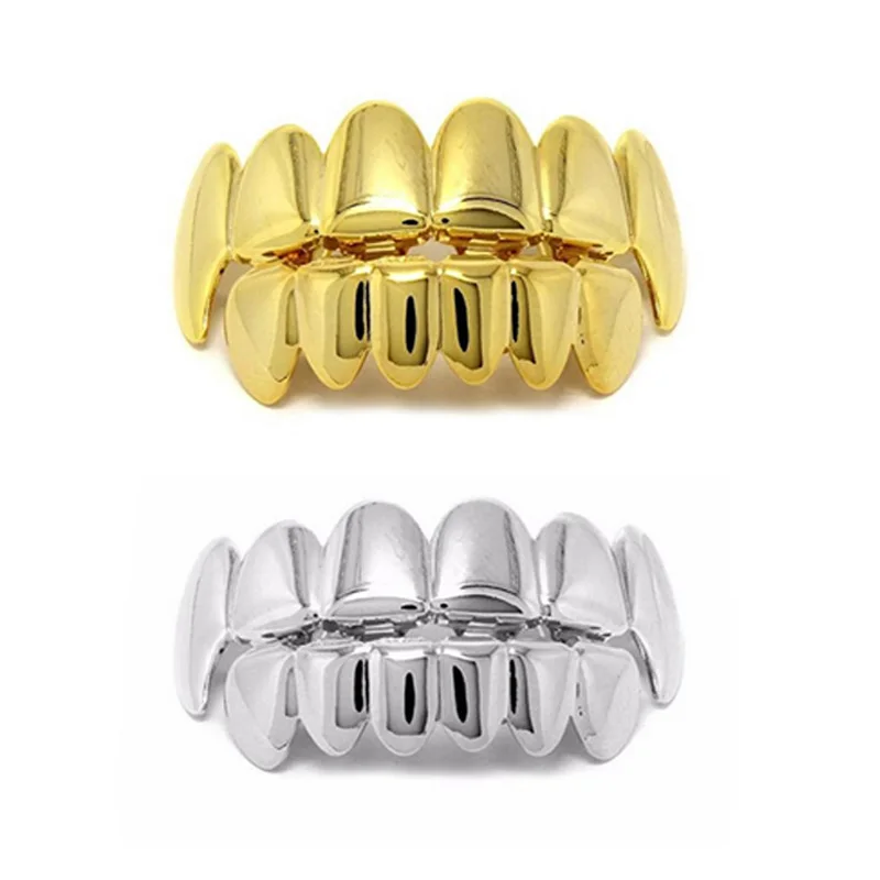 

Punk Gold Color Teeth Grillz Top Bottom Tooth Grills Dental Mouth Vampire Teeth Caps Cosplay Party Rapper for Men Women Jewelry