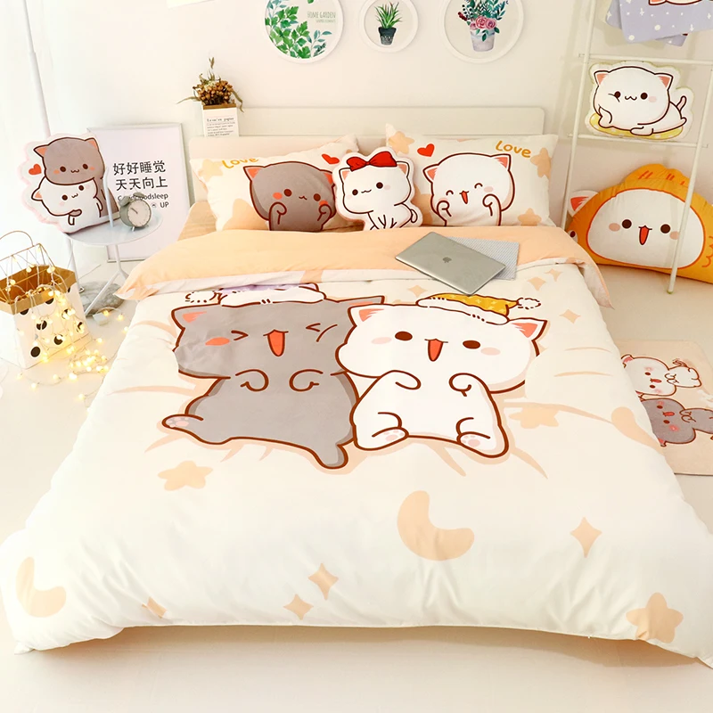 

3Pcs Set Kawaii Cat Bed Sheet Bedding Set Soft Comforter Cover Twin Full Queen Size For Girls Bed Sheets and Pillowcases