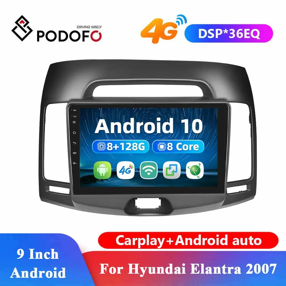 

Автомагнитола Podofo, 2DIN, Android 10,0, 9 дюймов, 8 ядер, 4G + WiFi, DSP, мультимедийный видеоплеер, Carplay, GPS-навигация для Hyundai Elantra 2007