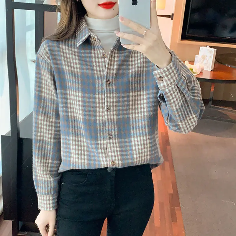 

Stylish Lapel Button Spliced Loose Korean Lattice Shirt Female Clothing 2023 Spring New Casual Tops Long Sleeve All-match Blouse