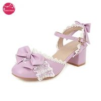 large plus size lolita summer shoes sweet bow strap buckle sandals lace egde small square toe back cover side open cool pumps