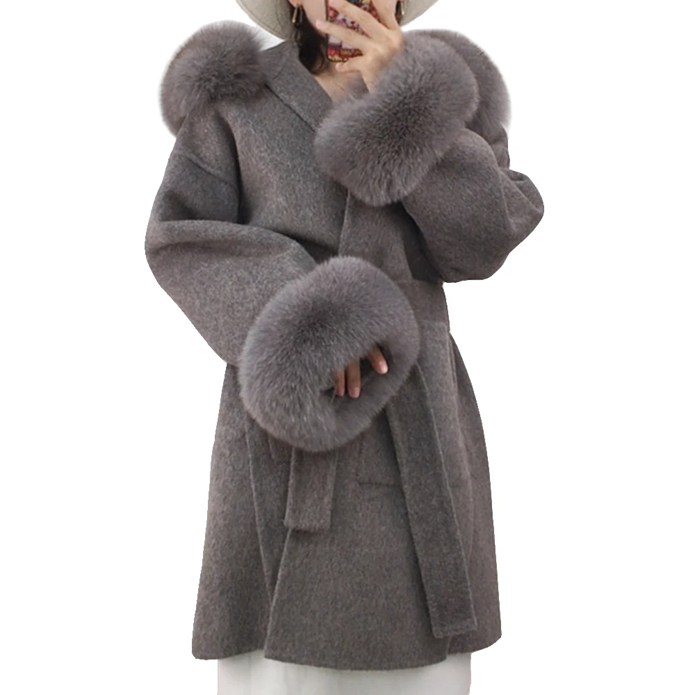 High-end Wool Coat Real Fox Fur Trim Hood and Sleeve Cuff Fur Luxury Cashmere Wool Blends Fashion Streetwear Belt Brand New
