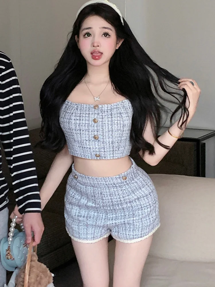 

New Summer Small Fragrance Tweed Elegant Two Piece Set For Women Sexy Sling Crop Tops & Shorts Female Fashion Outfits