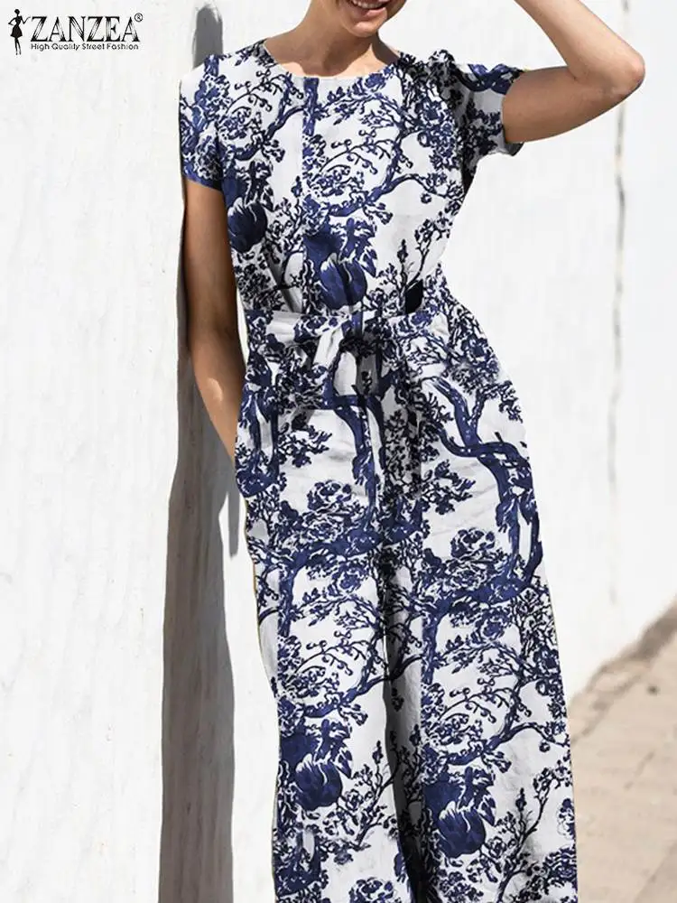 

Vintage Printed Overalls Women Summer Jumpsuits 2022 ZANZEA Casual Short Sleeve Playsuits Femlae O Neck Rompers Oversized Pants