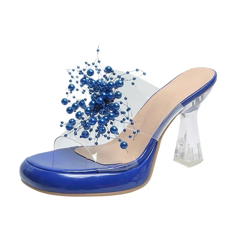 Жемчужные прозрачные женские летние модные босоножки на высоком каблуке с