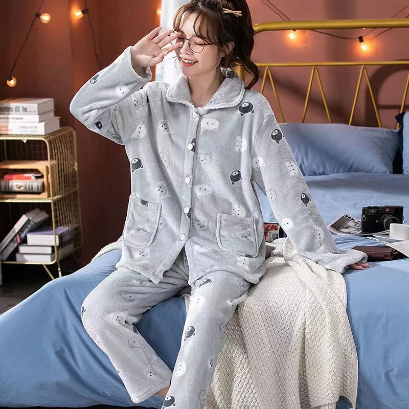 Winter Warm Flannel Pajamas Sets Women Thick Warm Long Sleeve Pyjamas Turn-Down Collar Sleepwear Home Suits Ladies Nightwear