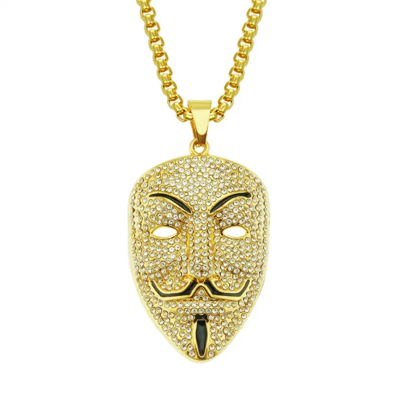 

European and American Full Diamond Three-Dimensional Portrait Mask Pendant Necklace Men's Exaggerated Personalized Domineering A