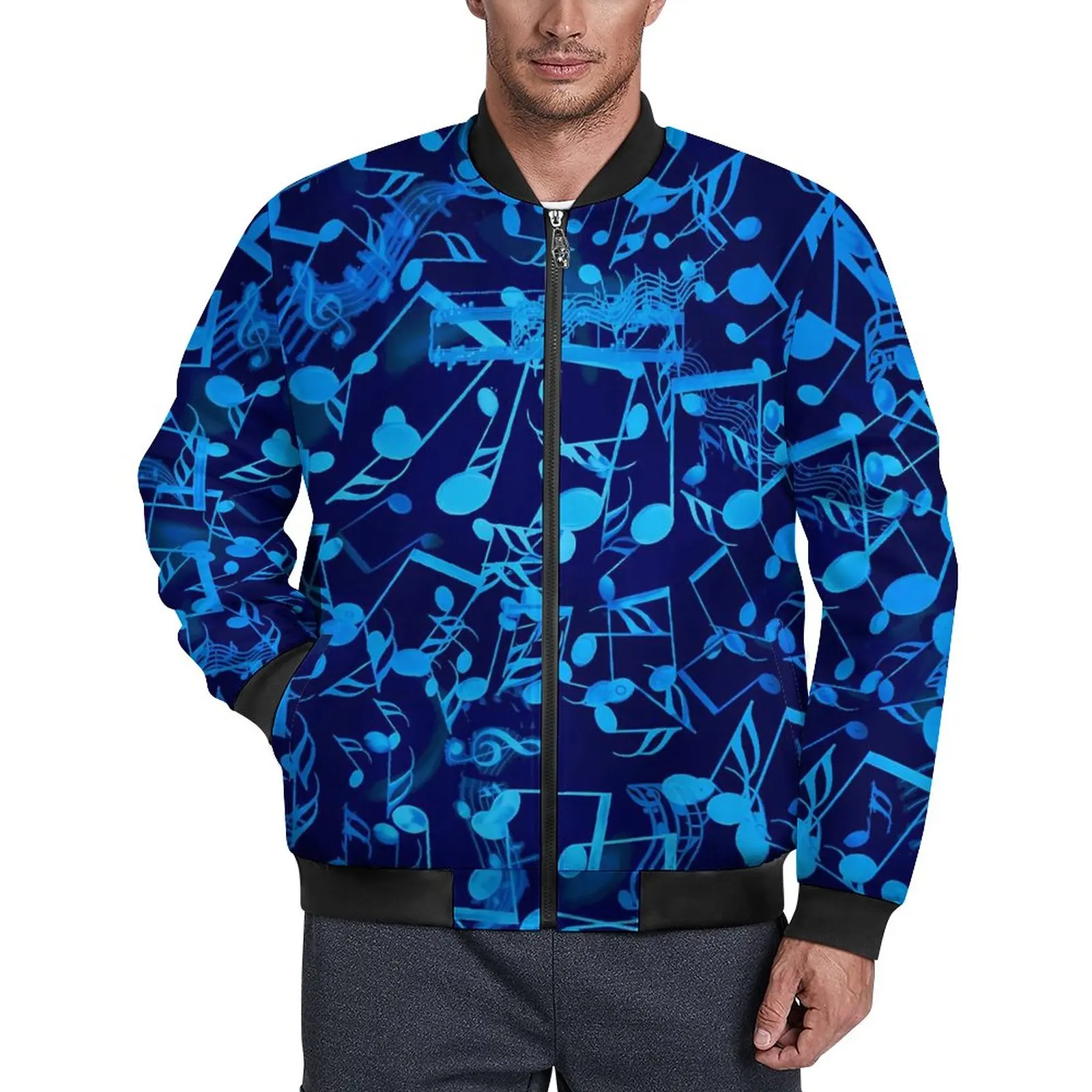 

Ветровка мужская с принтом музыкальных нот, повседневная синяя ветровка в стиле ретро, графическое пальто, верхняя одежда, большие размеры, на осень
