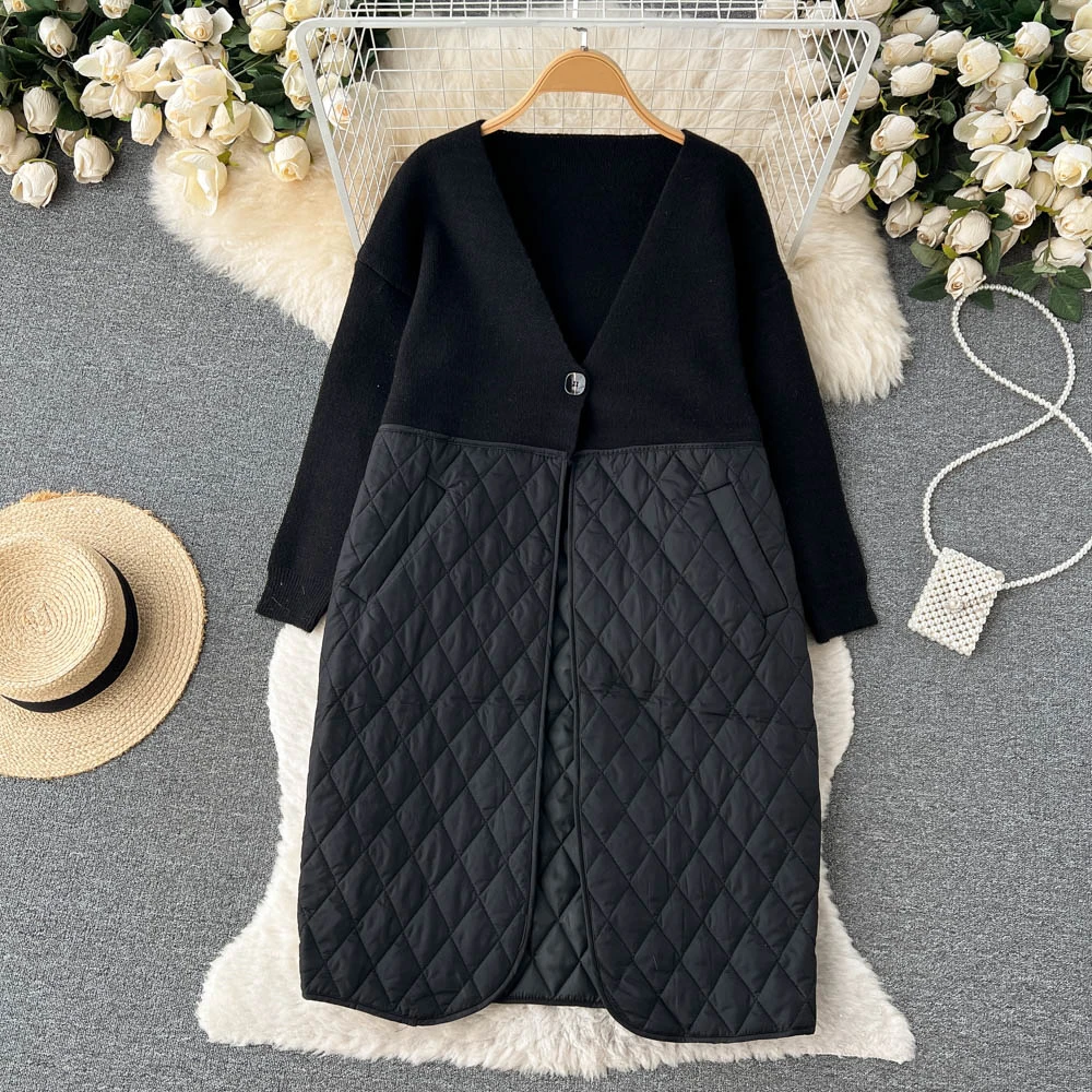 Clothland Women Elegant Patchwork Padded Jacket V Neck Long Sleeve Long Coat Vintage Female Winter Office Tops CA400