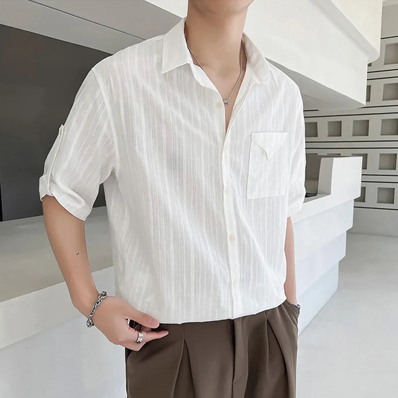 

Рубашка мужская с одним карманом, Хлопковая сорочка с отложным воротником и короткими рукавами, Повседневная сорочка в стиле ретро, корейский стиль, большие размеры, лето