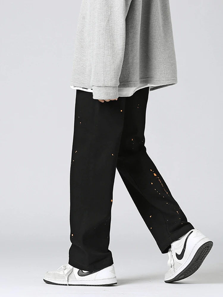 Men's Street Clothing: Black Loose Jeans with Retro Pattern and Casual Straight Cut | Stylish and Comfortable Y2K Baggy Pants