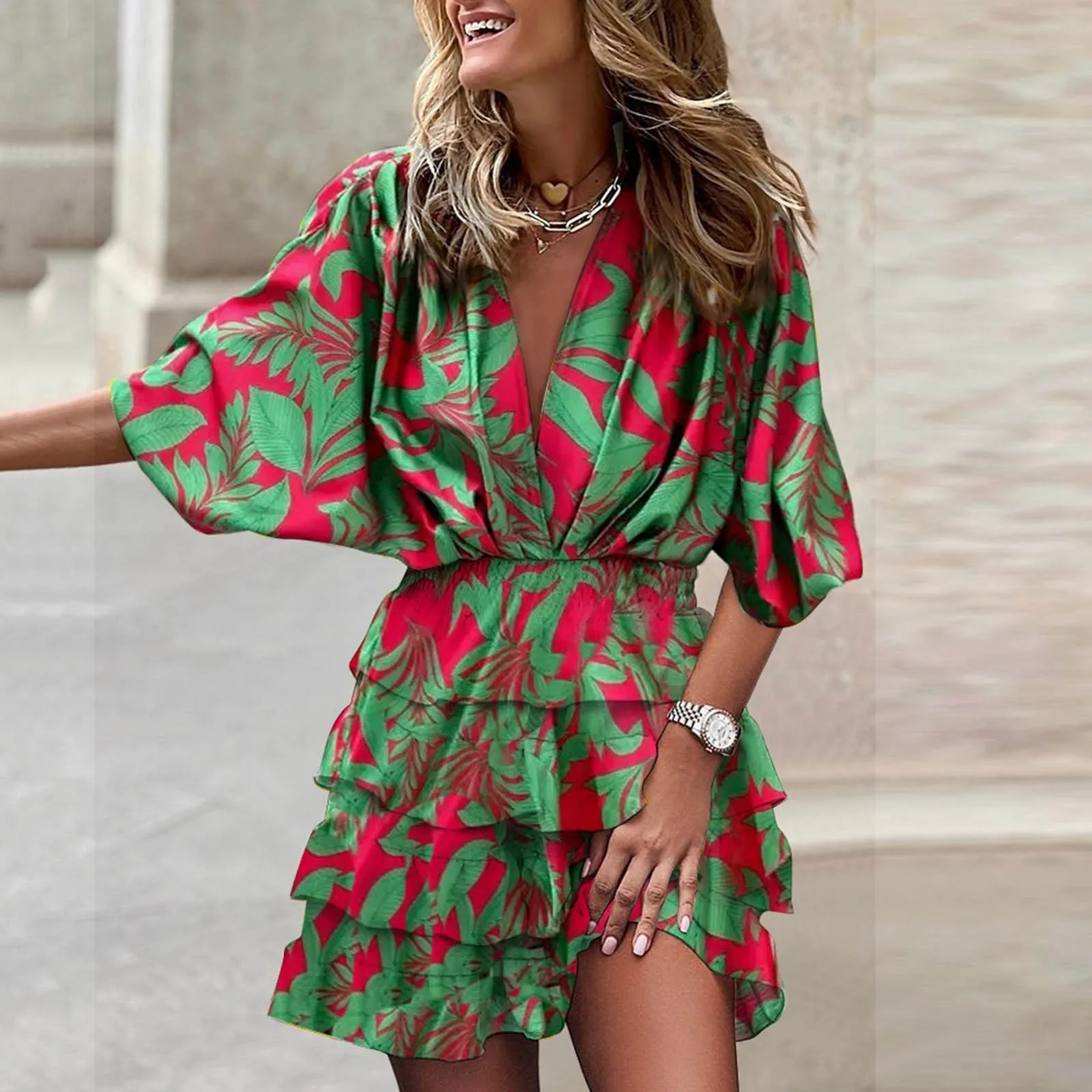 

Spring Summer Dresses For Women Boho Hawaii Leaf Print Beach Sundress Elegnat Batwing Sleeve V Neck Ruffles Irregular Mini Dress