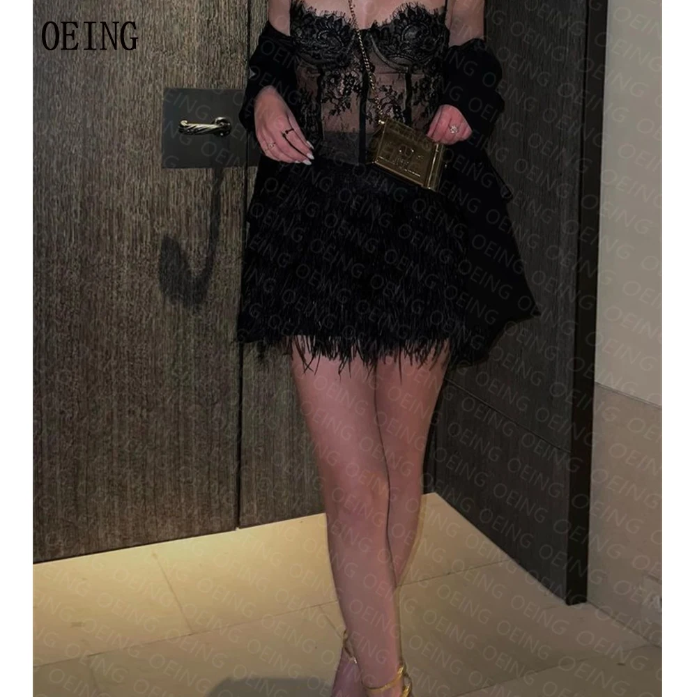 

OEING Sexy Black Lace Mini Cocktail Party Dresses Feathers Sweetheart Spaghetti Straps Homecoming Dress Appliques Short Vestodos