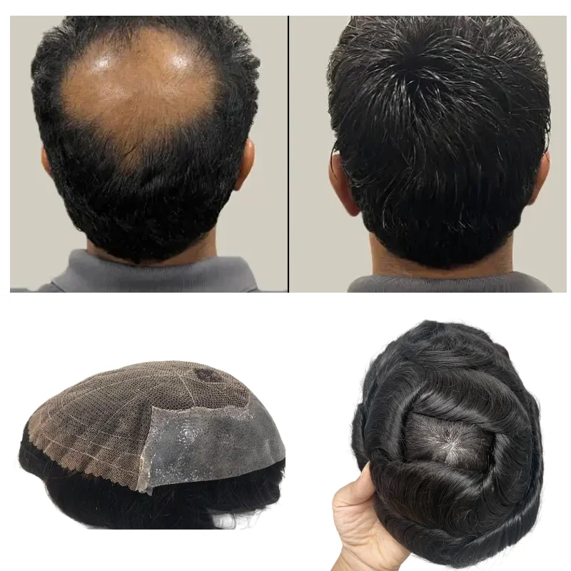 Фото Мужской парик-система для волос Clearance Men Toupee Q6 из 100% натуральных волос с моно-основой, кружевом и полиуретаном, по низкой цене, с незначительными дефектами №1