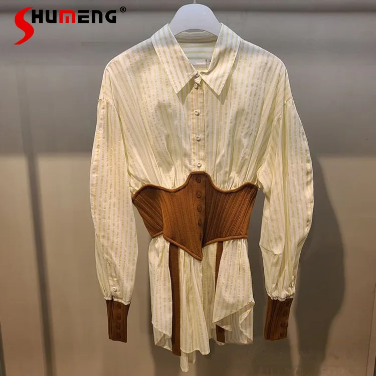 

French Style 2022 Spring New Female Fashion Elegant Blouses Women's High-end Elegant Stitching Waisted Long-Sleeved Shirt Top