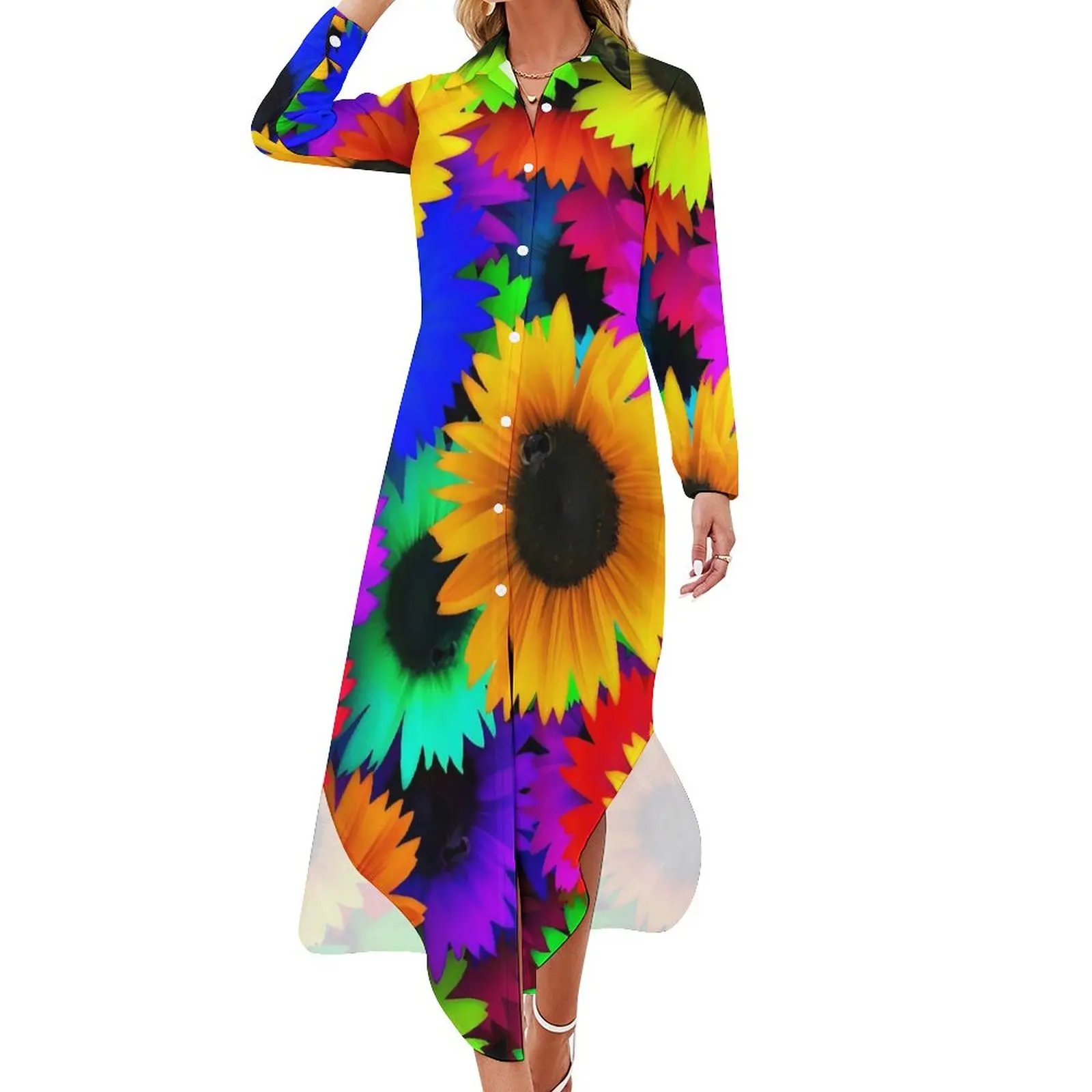 

Женское шифоновое платье с длинным рукавом, разноцветное платье с цветочным принтом, V-образным вырезом и длинным рукавом, большие размеры