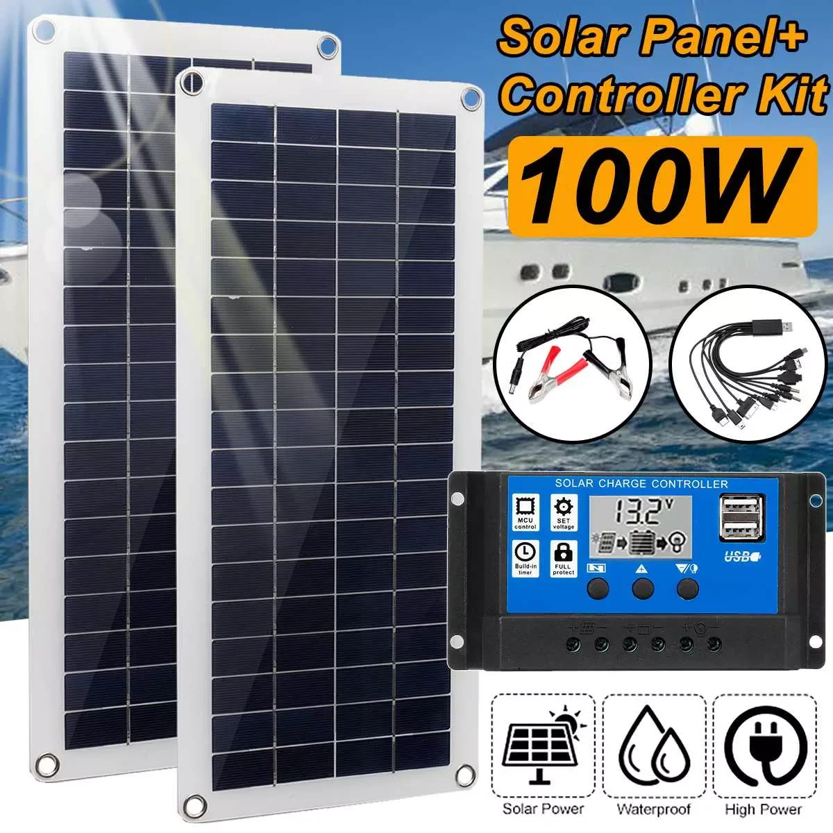 

NEW2023 100W Solar Panel Kit Dual 12V USB With 60A 100A Controller Solar Cells Poly Solar Cells for Car Yacht RV Battery Charger