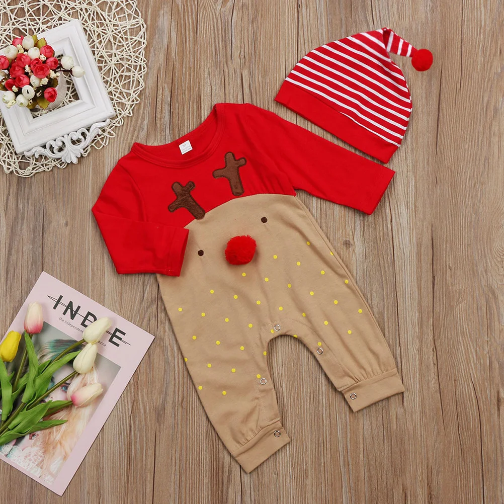 

Reindeer Sleeve Christmas Stripe Hat Bodysuit Set Cartoon Red Nose Jumpsuit Pajama for Newborn Boys ( 90cm )