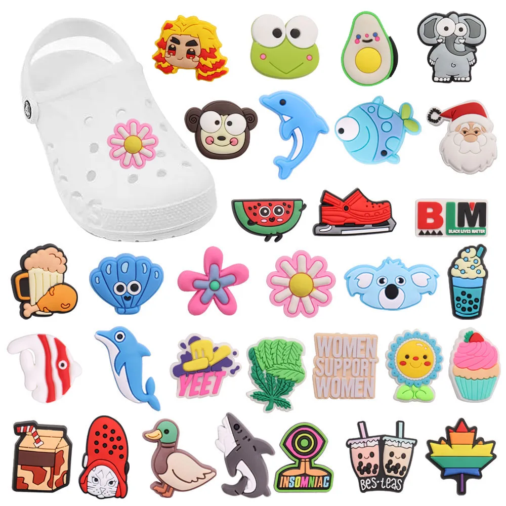 

1-32Pcs PVC Shoe Charms Dolphin Shark Duck Frog Monkey Koala Buckle Clog Decorations Fit Wristbands Croc Jibz Kids Party Gift