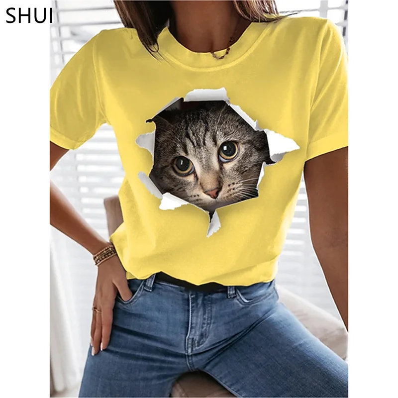 

2023 модная футболка с принтом Летняя женская мультяшная кошка кофейная жизнь домашнее животное Милая трендовая одежда Топ графические женские футболки для