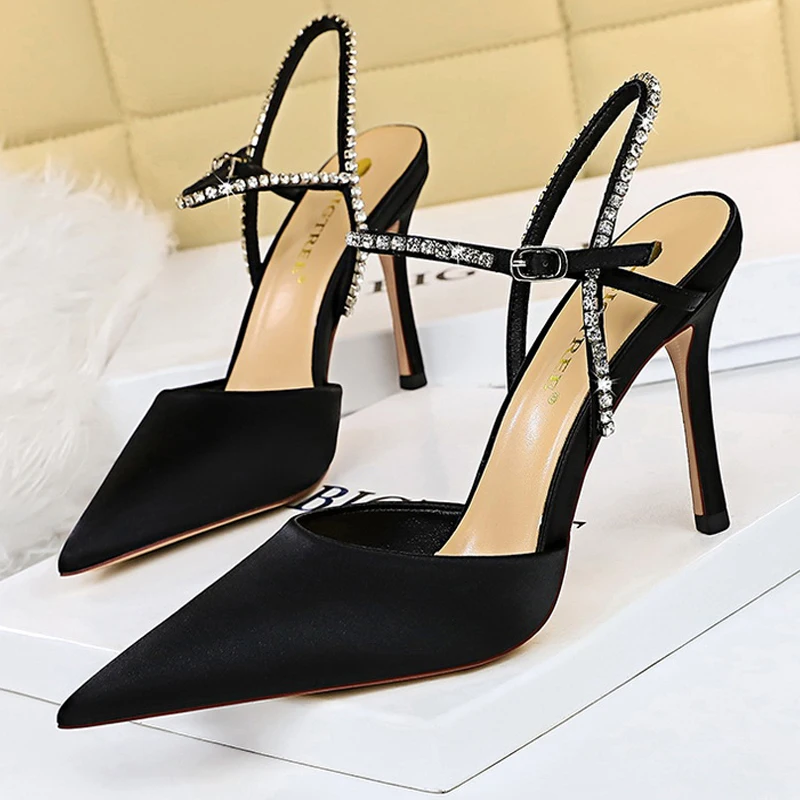 

BIGTREE Shoes Rhinestones Women's Sandals Summer Hollow Out High-heeled Sandals Ladies Pumps Satin Luxury Party Shoes Stiletto