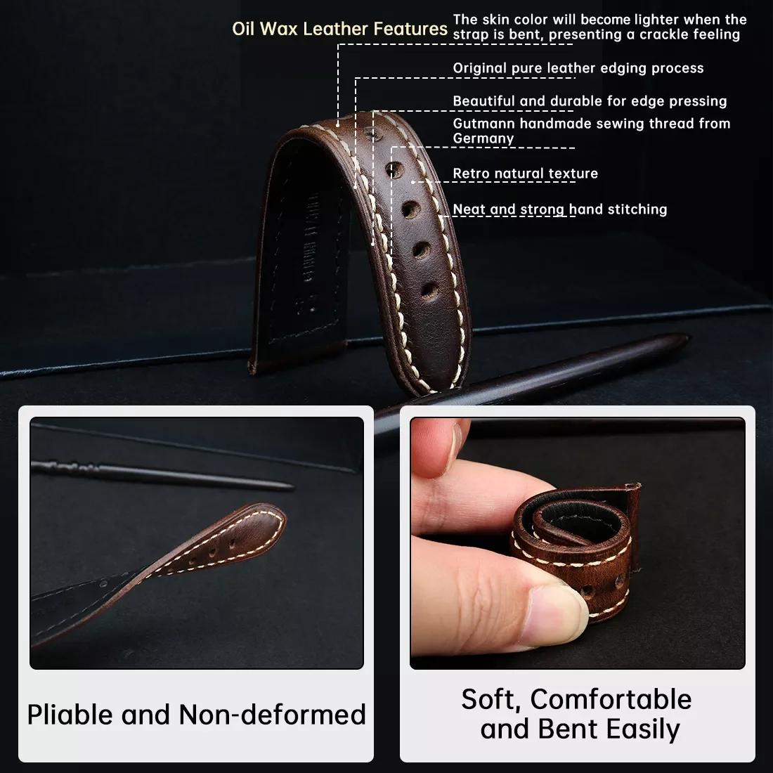 Genuine Leather Watch Strap Oil Wax Cowhide Leather Watchband Bracelet Belt 18 20 22 24mm Women Men Brown Smart Watch Band