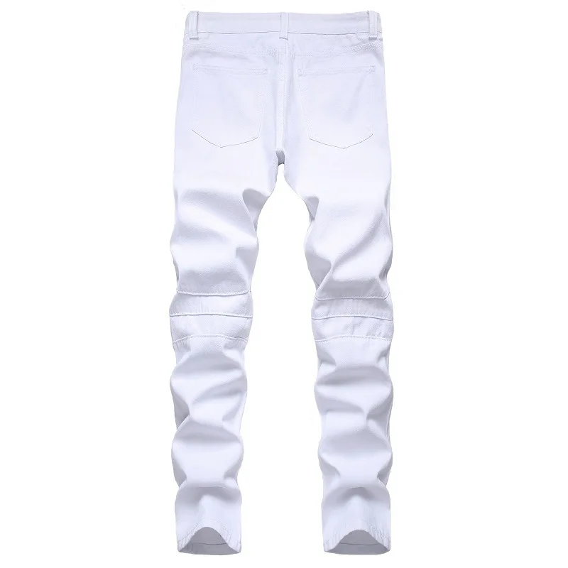 Fashion White Motorcycle Jeans Men's Personality Men's  Pants Solid Color Casual Denim Jeans for Men Straight Spliced 90s Jeans