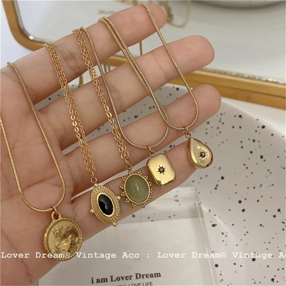 

Korean Vintage Water Drop Star Round Bear Oval Pendant Necklace Geometric Gold Color Titanium Steel Fashion Jewelry 2022 New