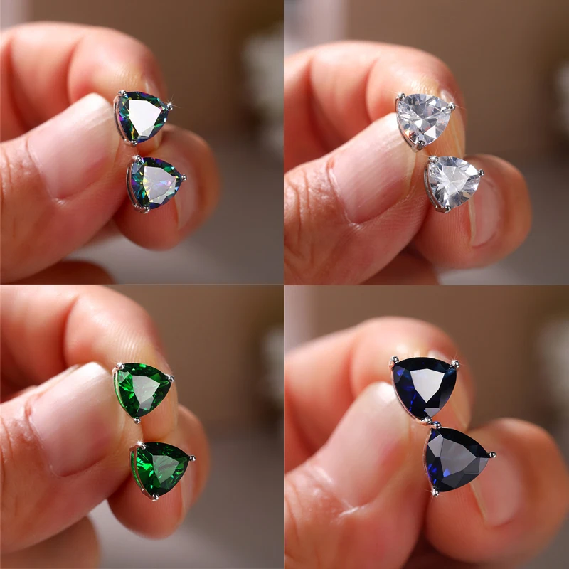 

New Minimalist Triangular Cubic Zirconia Stud Earrings for Women White/Multicolored/Green/Blue Colors Fashion Girls Jewelry