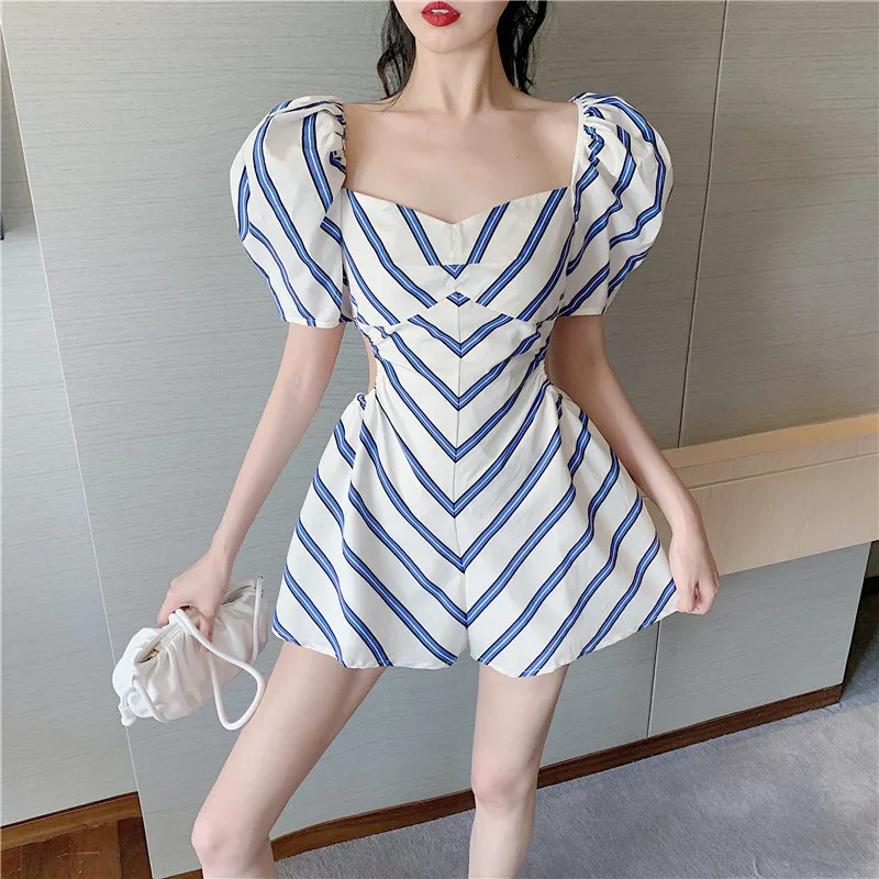 

Woman Puff Sleeve Cottagecore Rompers Sexy Hollow Jumpsuits Elegant Square Collar Striped Short Fashion Beach Women Playsuits
