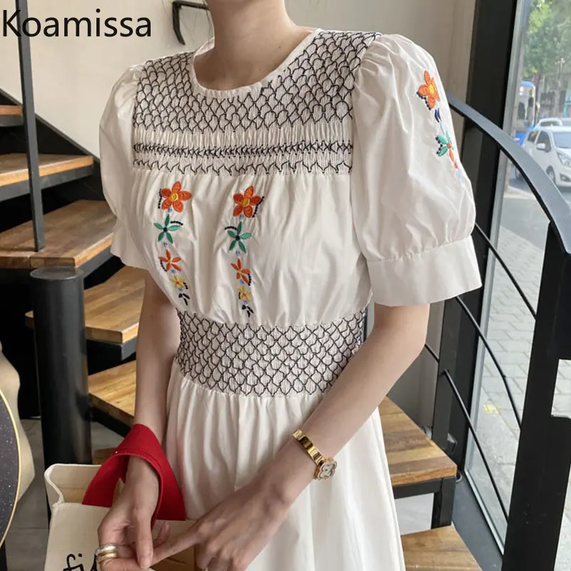 

Koamissa Vintage Embroidery Flower Long Dress for Women Short Puff Sleeve O-neck Waist Slim A Line Dresses Korean Chic New Robes