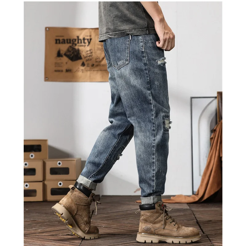 Streetwear Men 2022 New Style Pattern Vintage Recreational Blue Haren Pants Straight Cylinder Loose Ripped Jeans Autumn Female