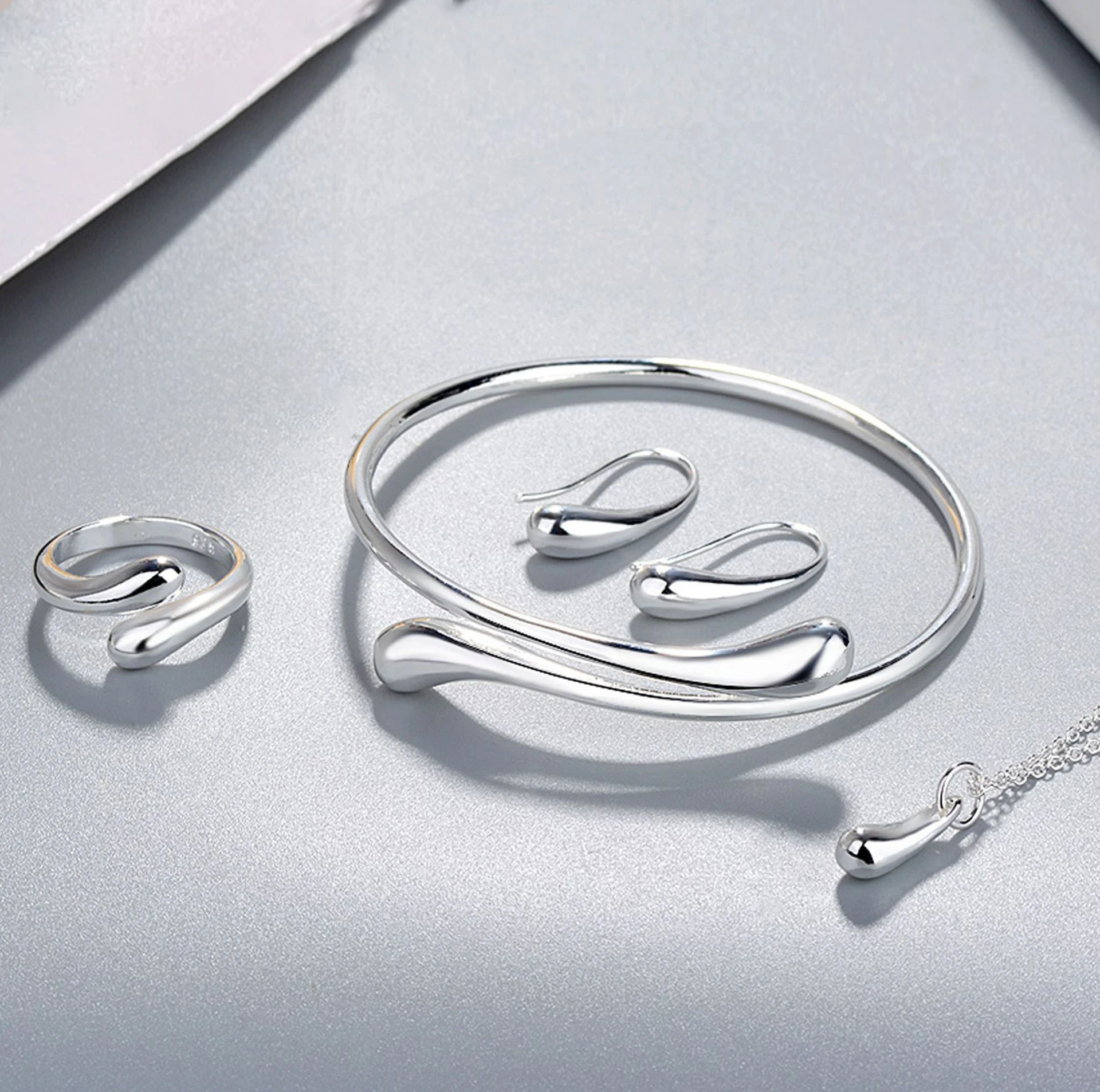 

LINJING Fashion Wedding Bridal Jewelry Set 925 Sterling Silver Water Drop Necklace Bangles Rings Earrings Sets For Women Party