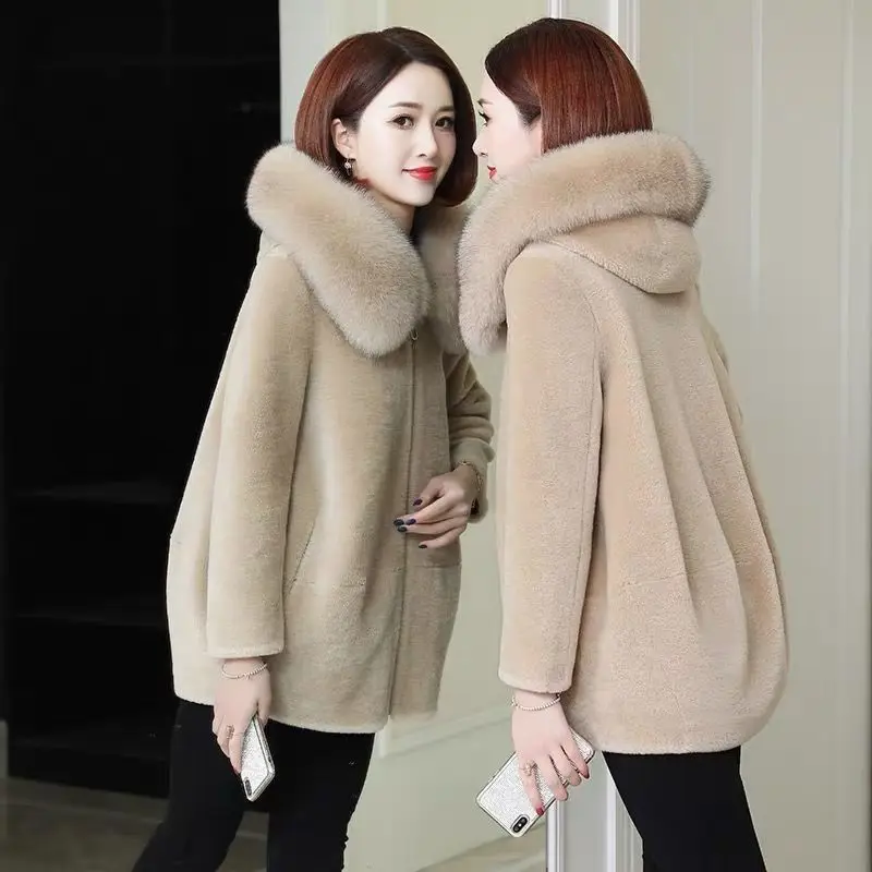 

Fur Collar Hooded Winter Coat Women Sheep Shearling Jackets Casual Coats Korean Style Wool Outerwear Jaqueta Feminina X861