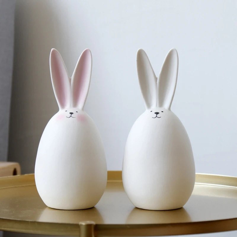

Cute White Rabbit Figurines Decorative Ceramic Animal Statues Handmade Table Desk Ornaments Modern Home Living Room Decorations