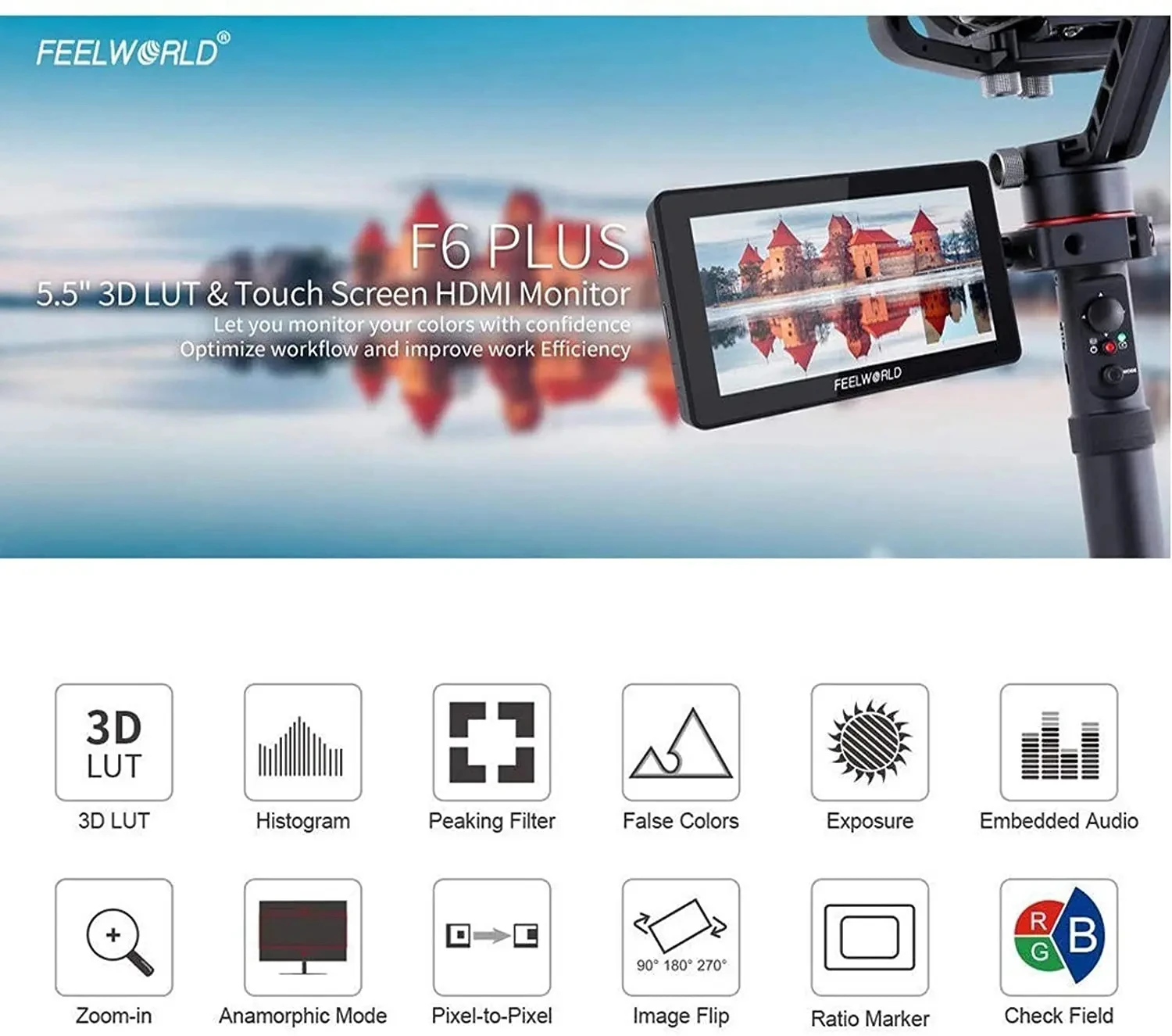 Фото Для FEELWORLD F6 Plus V2 6 'on-cam Era DSLR полевой сенсорный экран с HDR 3D Lut IPS FHD 1920x1080 Видео фокус №2